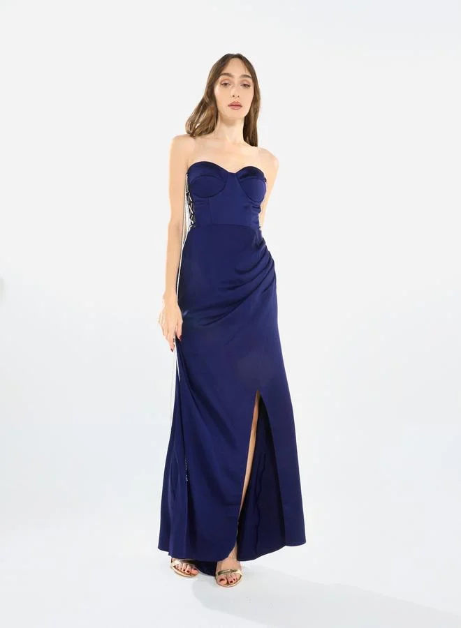 House of Moda Women Side Lace Detail Bodice Slit Gown Maxi Dress